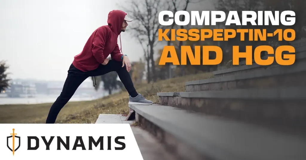 Man in a red hoodie stretching his leg on outdoor stone steps by a river on a foggy day, with the title "Comparing Kisspeptin-10 and HCG" and the Dynamis logo