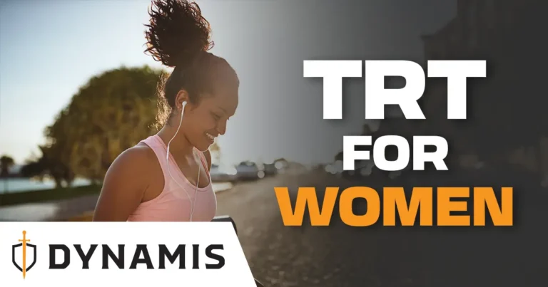 A woman smiles while jogging outdoors with earbuds in; text reads "TRT for Women, Dynamis"