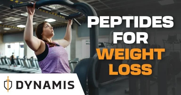 A woman does pull-ups on a gym machine in a fitness center; text reads "Peptides for Weight Loss, Dynamis"