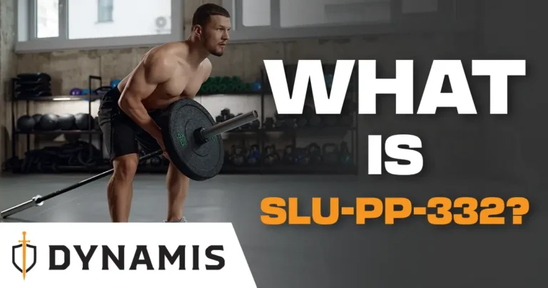 Muscular man performing a bent-over barbell row in a gym; text overlay reads "What is SLU-PP-332?" with the Dynamis logo in the corner