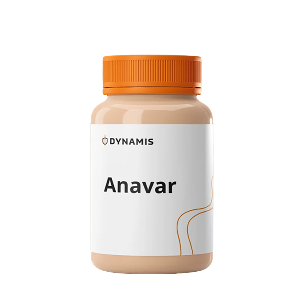 White medication bottle with an orange cap, labeled with the Dynamis logo and "Anavar," on a plain background