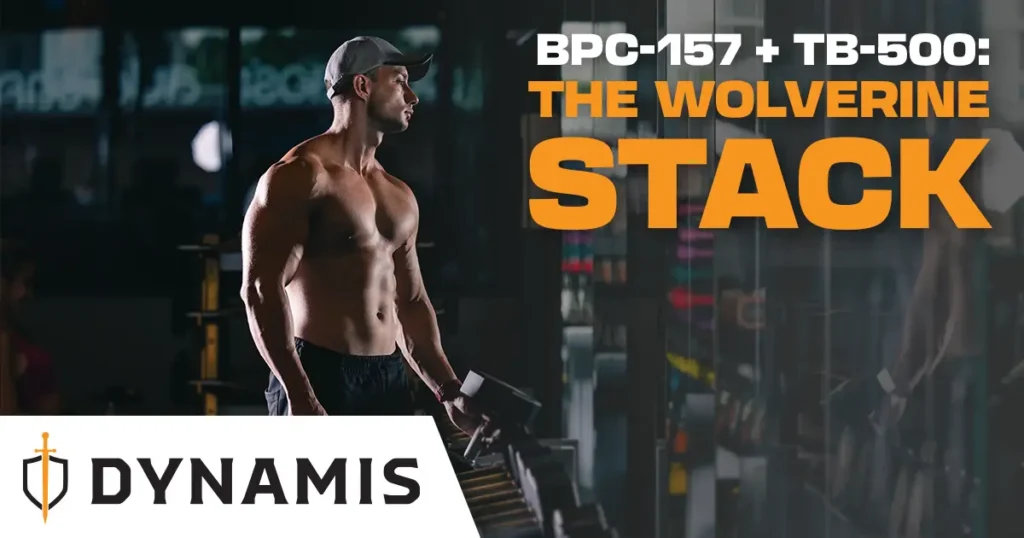 Fit shirtless man in a cap at the gym with the title "BPC-157 + TB-500: The Wolverine Stack" and the Dynamis logo