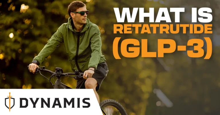 Man in sunglasses and a green jacket riding a bike outdoors, with the title "What Is Retatrutide (GLP-3)" and the Dynamis logo