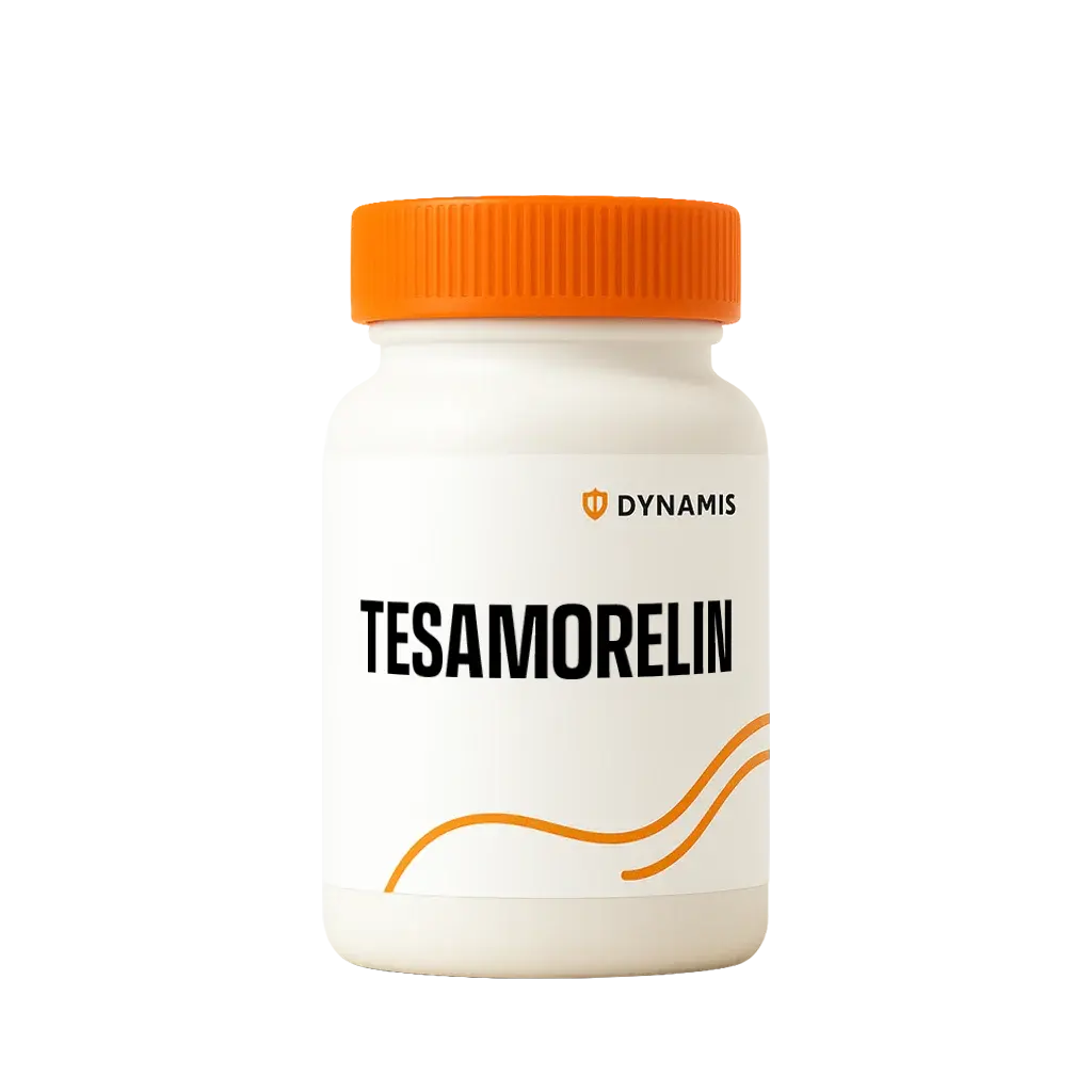White medication bottle with an orange cap, labeled with the Dynamis logo and "Tesamorelin," on a plain white background