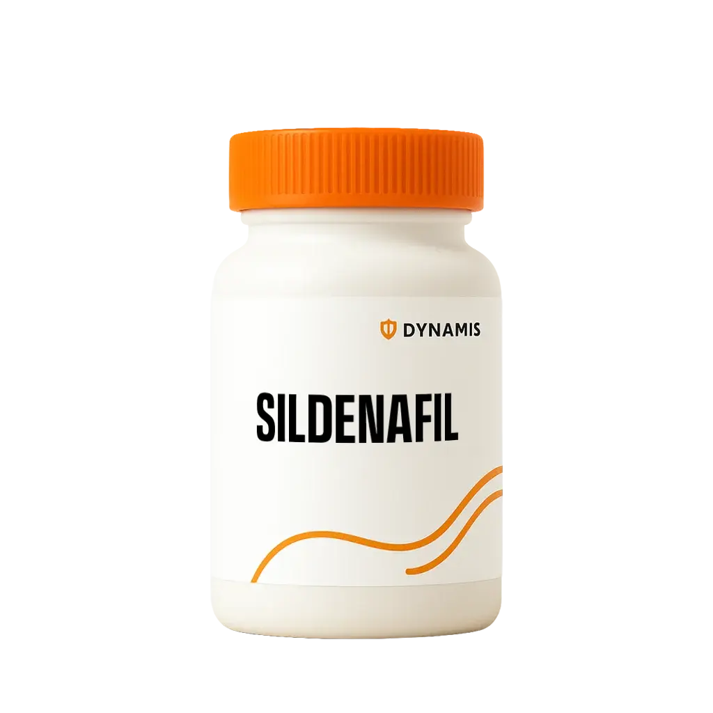 Dynamis Sildenafil bottle with an orange cap and white label
